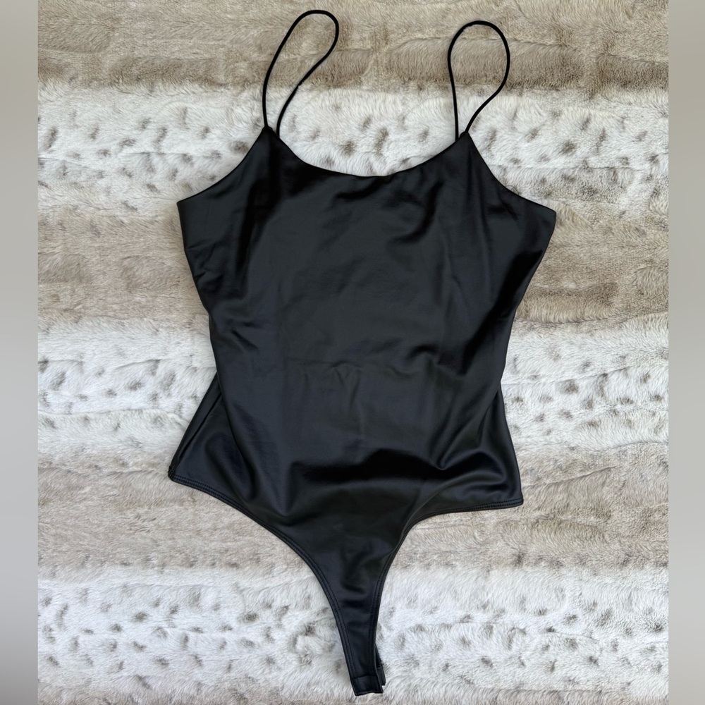 Women Fashion Nova Black Spaghetti Strap Leather Bodysuit S